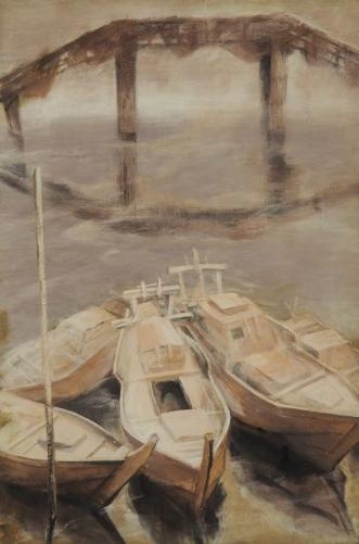 4隻の船を描いた油絵作品