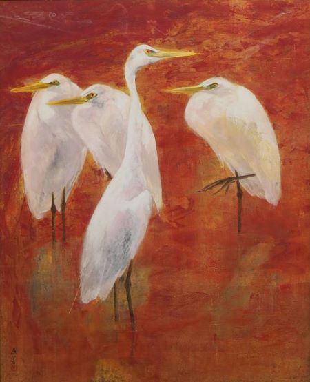4羽の白鷺を描いた油絵作品