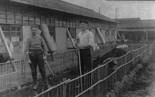 バラックの建物の間に菜園を作った2名の男性が立っている白黒写真