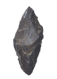 黒っぽい色でダイヤモンドの形をした石器の写真