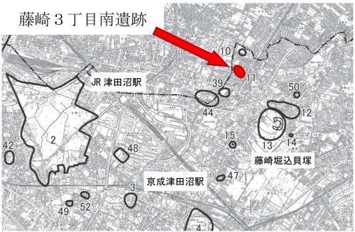 藤崎3丁目南遺跡の位置を赤マルと赤矢印で示した地図