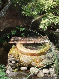 庭先に備えた手水鉢に竹筒から水が流れている様子の写真
