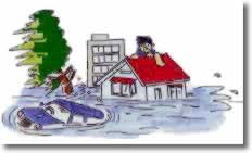 車や建物が水の中に水没している水害のイメージ図