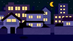 夜になり、辺りが真っ暗になっている住宅街のイラスト