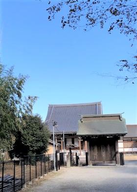 左側にフェンス、正面に無量寺山門が写っている写真