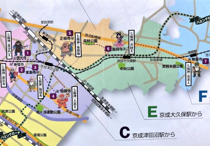 習志野七福神巡りの位置が示された地図を写した写真