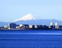 手前には海が広がり、市街地のビルの奥に見える雪化粧をした富士山の写真