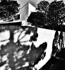 手前にブロック塀があり、奥にある木々の間から三角屋根の建物が見えている東習志野の街並みを写した白黒写真