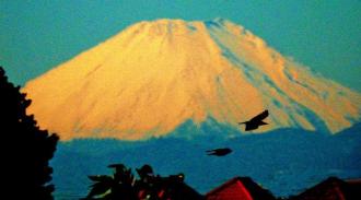 陽の光で富士山が薄いオレンジ色に染まっている写真
