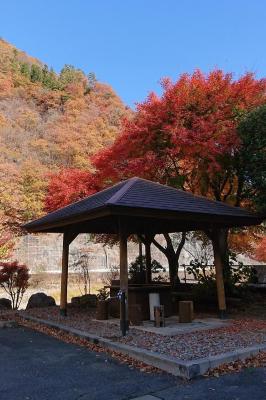 紅葉の横に建つ東屋の写真