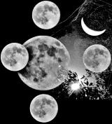 大小の円が4個と月の光景のモノクロ写真