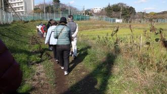 一列に並び実籾高校脇を散歩している参加者の人達を後ろから写した写真