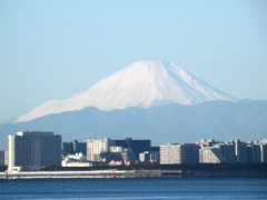 手間には海が見え、市街地の建物の後ろに見える白い雪の積もった富士山の写真