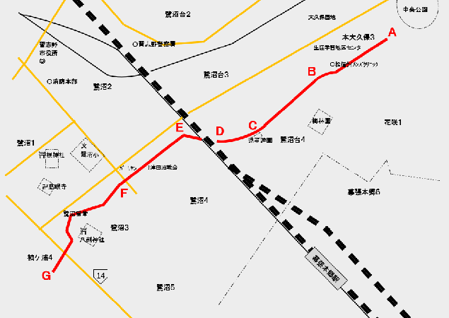 堀田川の流れを推定して赤線で示した地図