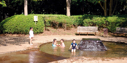 公園の中にあるじゃぶじゃぶ池に入って水遊びをしている子供たちの写真