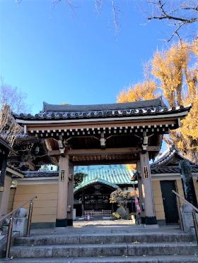 両側に手すりのある階段の奥にある東漸寺の門を写した写真