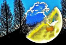 全体に樹木を写している真ん中に積乱雲、右に黄金色の半月を1枚の写真に組み合わせた写真