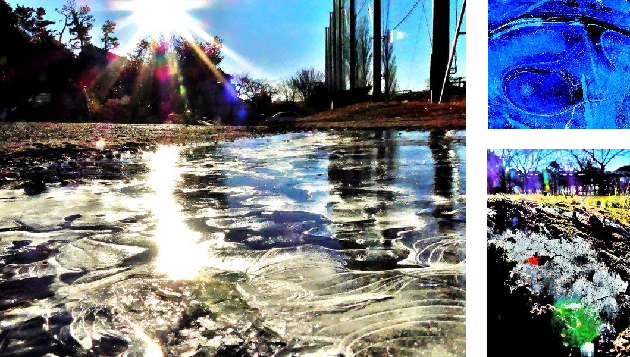 左：水面の流水が凍結し結氷となり、太陽が反射している幻想的な写真、右上：青い氷の造形の写真、右下：霜柱ができた地面を写した写真