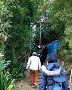 自然溢れる樹木の間の藤崎古道を歩いている参加者の後ろ姿の写真