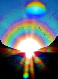 カラフルな色に彩られた太陽周囲の花粉光環の写真