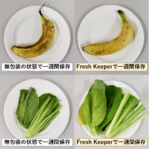 左上：無包装の状態で一週間保存された皮が茶色く変色しているバナナの写真、右上：Fres Keeperで一週間保存されたほとんど変色していないバナナの写真、左下：無包装の状態で一週間保存された葉がシワシワになり縮んでいる小松菜の写真、右下：Fres Keeperで一週間保存された葉が縮んでおらず新鮮な状態の小松菜の写真