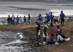 谷津干潟の海岸をビニール袋を持ちながら参加者がゴミ拾いをしている写真