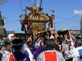 一斉に頭上に神輿を持ち上げながら練り歩いている祭りの参加者の写真