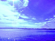 青く広い海が広がり、空には白い雲と青空が広がっている太陽が映える海と空の写真