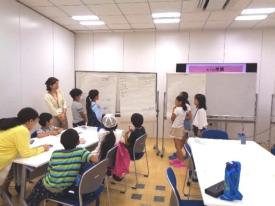 子供達がホワイトボードを使いながら説明をしたり、話を聞いたりして話し合いをしている写真