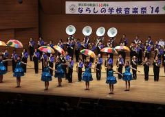 青いドレスを着てカラフルなパラソルを持った女子生徒が振付を踊り、後ろに隊列を組んだ紫のシャツに黒いズボンを履いた生徒たちがそれぞれの楽器を吹いている写真