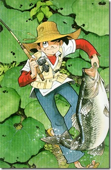 矢口先生の作品の釣りキチ三平が大きな魚を持っているイラスト
