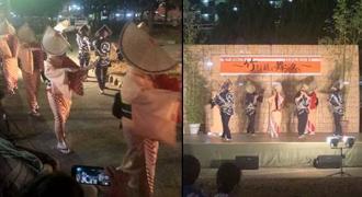 左：編笠を被り着物を着た踊り手が踊りを踊っている写真 右：舞台上で編笠を被り着物を着た踊り手が踊りを踊っている写真