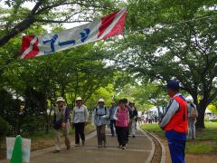 木々に囲まれ、頭上にゴールと書かれた横断幕が掲げられている谷津公園内の道を歩く参加者の方々の写真