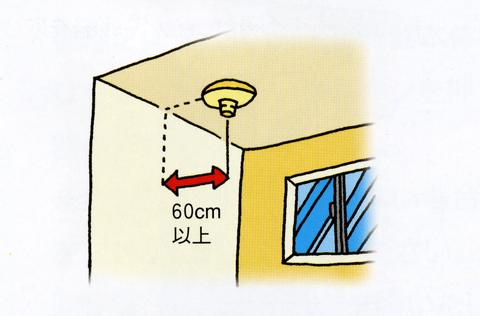 壁から60センチメートル以上間隔をあけた天井に住宅用火災警報器を設置する場合のイラスト