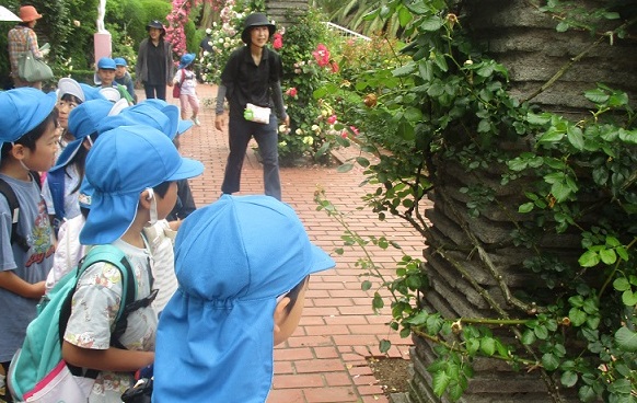 子どもたちがバラ園のバラのトゲをじっと眺めている写真