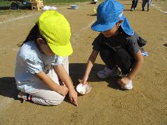子どもたちが所庭の石や木の枝を拾っている様子