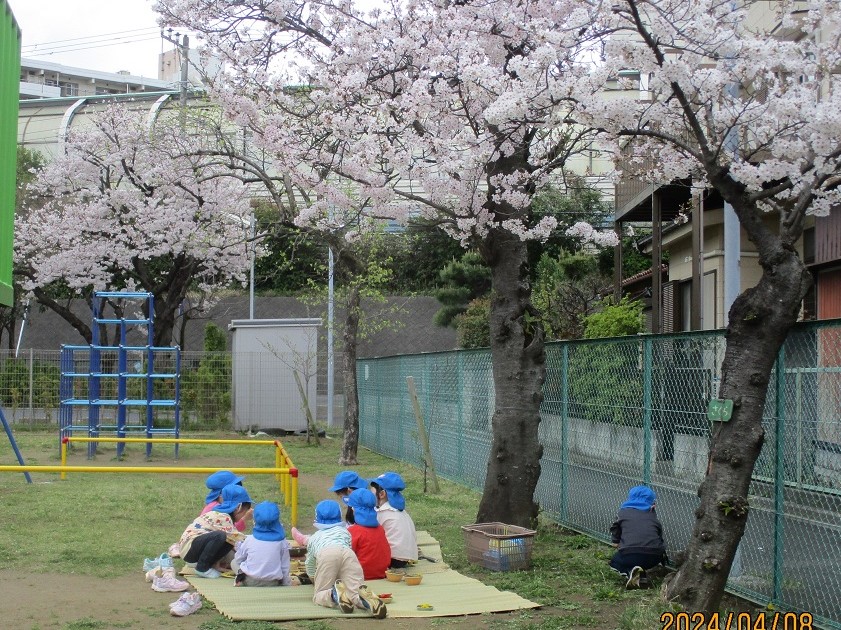 桜の木の下にゴザを敷き、お花見ごっこを楽しむ子どもの写真