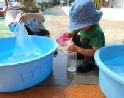 水色のたらいの中に入っている水をコップなどを使いペットボトルのような容器に移している2名の園児の写真