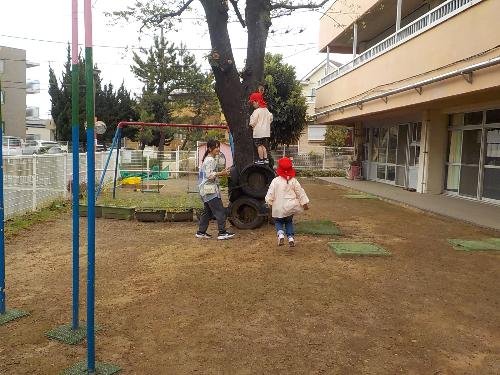先生と一緒に木登りにチャレンジしています