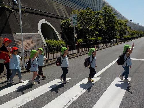徒歩遠足で横断歩道を渡っています