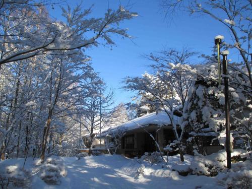周囲の木々や屋根が雪が積もり真っ白に染まった富士吉田青年の家の建物入り口付近の写真