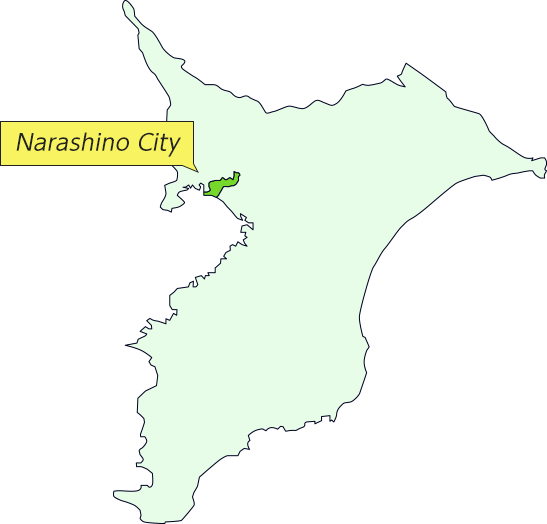 千葉県習志野市の地図。習志野市は千葉県の北西部に位置する市である。習志野市が濃い緑色で塗りつぶされている。